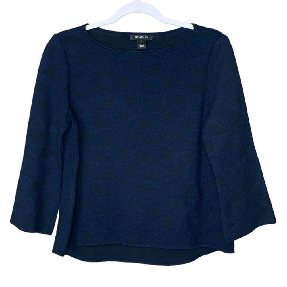 St. John Navy Blue Textured Wool Blend Top Cropped Sleeve Size Small